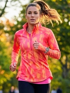 Under Armour ColdGear Running Top Pink Orange Print Back Pocket Thumbholes M